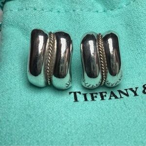 Vintage Tiffany & Co. 925 Sterling Silver & 14K Gold Ribbed Pierced Earrings